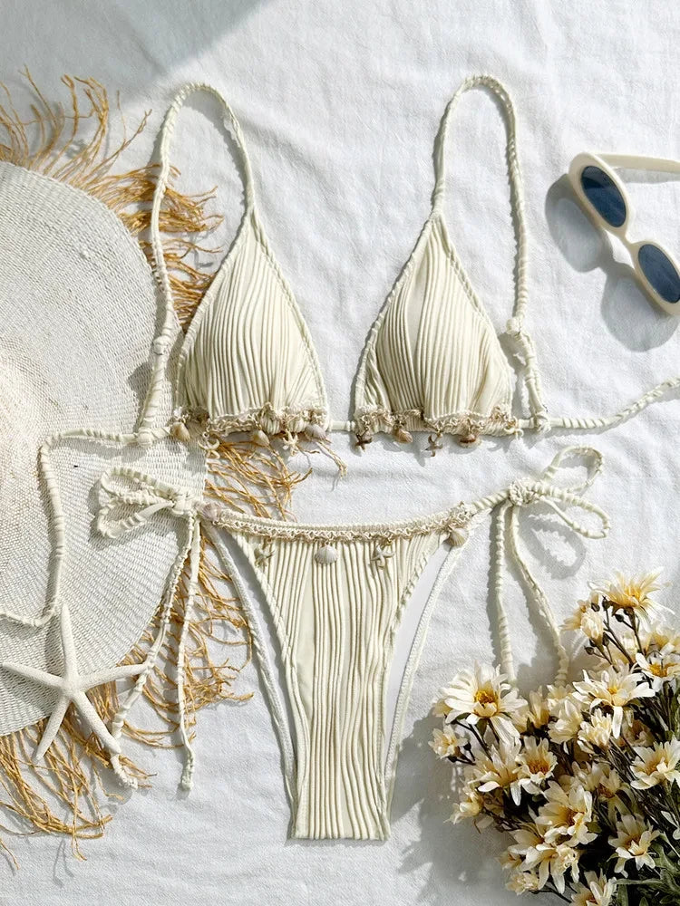Ensemble bikini rayé à lacets