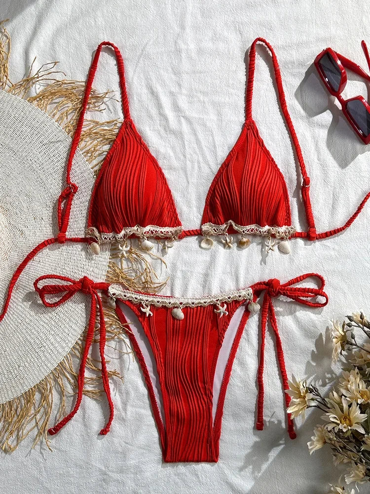 Ensemble bikini rayé à lacets